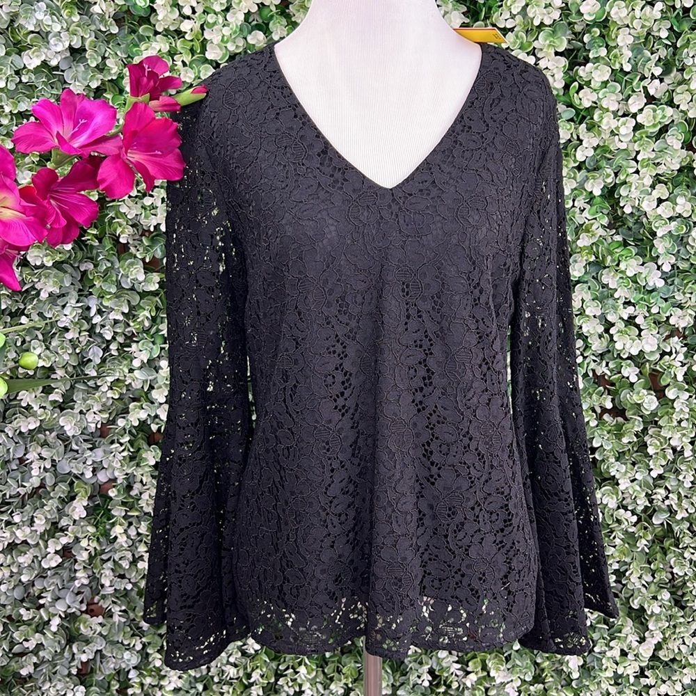 Catherine Malandrino Flare Sleeve Black Lace Top NWT